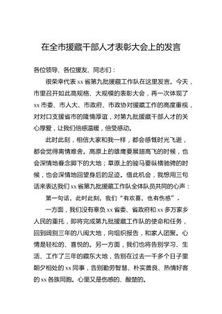 在全市援藏干部人才表彰大会上的发言