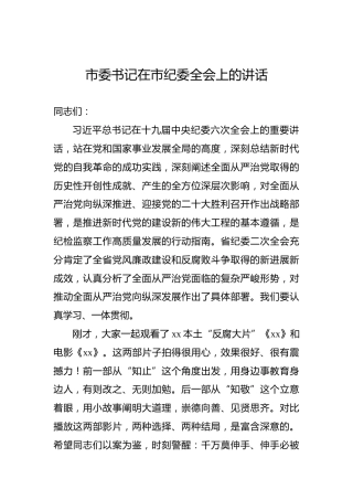 市委书记在市纪委全会上的讲话2