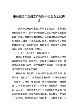 2022年市长在全市金融工作领导小组会议上的讲话