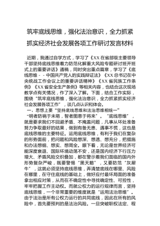 筑牢底线思维，强化法治意识，全力抓紧抓实经济社会发展各项工作研讨发言材料