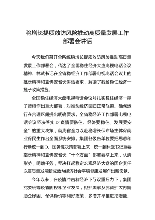 2022年稳增长提质效防风险推动高质量发展工作部署会讲话