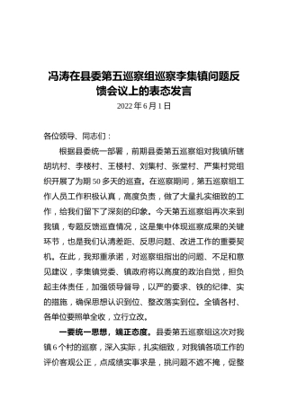 李集镇党委书记冯涛：在县委第五巡察组巡察李集镇问题反馈会议上的表态发言（20220601）