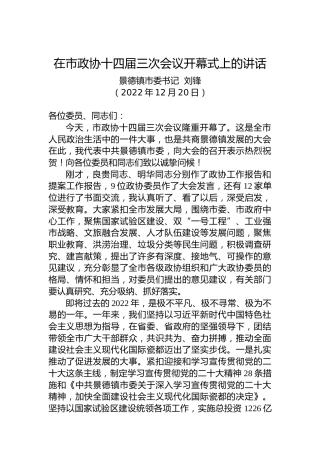 景德镇市委书记刘锋：在市政协十四届三次会议开幕式上的讲话（20221220）