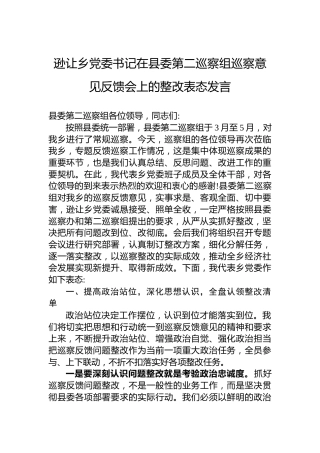 逊让乡党委书记在县委第二巡察组巡察意见反馈会上的整改表态发言（20220804）