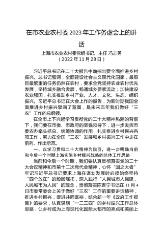 上海市农业农村委党组书记、主任冯志勇：在市农业农村委2023年工作务虚会上的讲话（20221128）