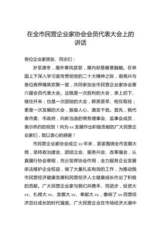 在全市民营企业家协会会员代表大会上的讲话