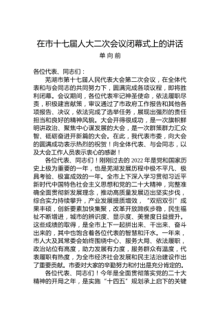 单向前：在市十七届人大二次会议闭幕式上的讲话（20230102）