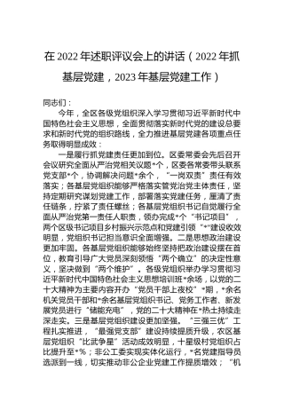 在2022年述职评议会上的讲话（2022年抓基层党建，2023年基层党建工作）