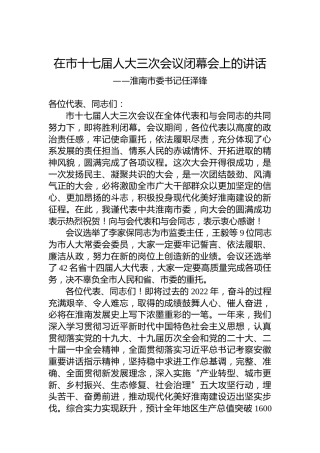 淮南市委书记任泽锋在市十七届人大三次会议闭幕会上的讲话（20221231）
