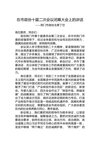 荆门市政协主席丁岱在市政协十届二次会议闭幕大会上的讲话（20230107）