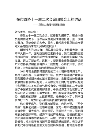 马鞍山市委书记张岳峰在市政协十一届二次会议闭幕会上的讲话（20230101）