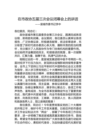 宣城市委书记李中在市政协五届三次会议闭幕会上的讲话（20230102）