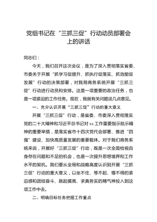 党组书记在“三抓三促”行动动员部署会上的讲话