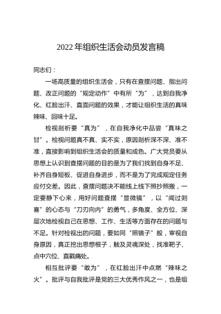 2022年组织生活会动员发言稿