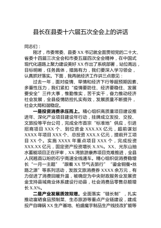 县长在2023年县委十六届五次全会上的讲话