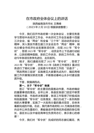 在市政府全体会议上的讲话（20230210）