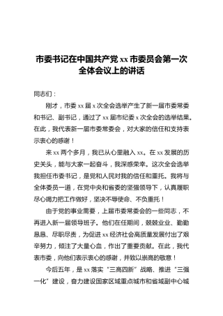 市委书记在中国共产党xx市委员会第一次全体会议上的讲话