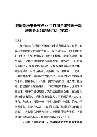 政府副秘书长在驻xx工作组全体挂职干部培训会上的动员讲话（范文）