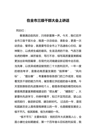 在全市三级干部大会上讲话