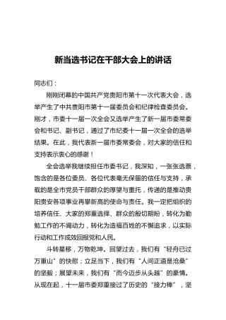 新当选书记在干部大会上的讲话