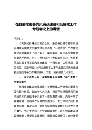在县委常委会党风廉政建设和反腐败工作专题会议上的讲话