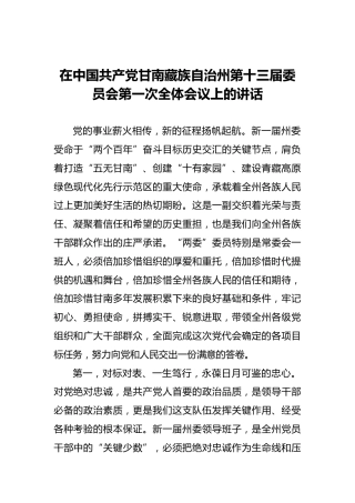在中国共产党甘南藏族自治州第十三届委员会第一次全体会议上的讲话