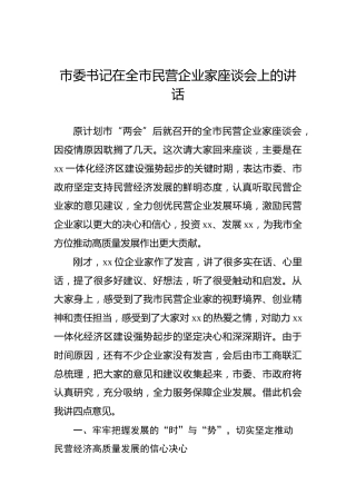 市委书记在全市民营企业家座谈会上的讲话1