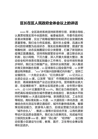 区长在区人民政府全体会议上的讲话