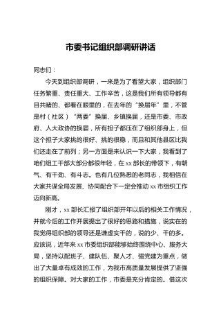 市委书记组织部调研讲话