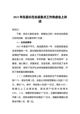 2021年在县长在全县重点工作务虚会上讲话