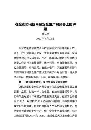 武文罡同志在全市防汛抗旱暨安全生产视频会上的讲话（20220422）