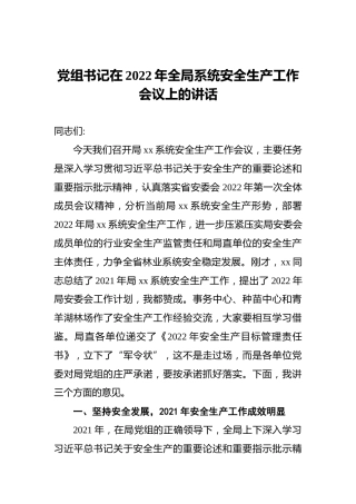 党组书记在2022年全局系统安全生产工作会议上的讲话