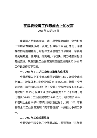 在县委经济工作务虚会上的发言（20211230）