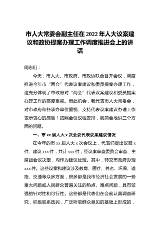 市人大常委会副主任在2022年人大议案建议和政协提案办理工作调度推进会上的讲话
