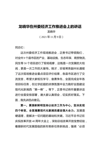 龙晓华在州委经济工作推进会上的讲话（20211109）