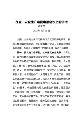 武文罡同志在全市安全生产电视电话会议上的讲话（20220331）