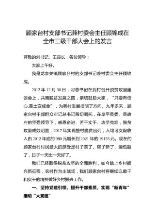 顾家台村支部书记兼村委会主任顾锦成在全市三级干部大会上的发言（20220213）