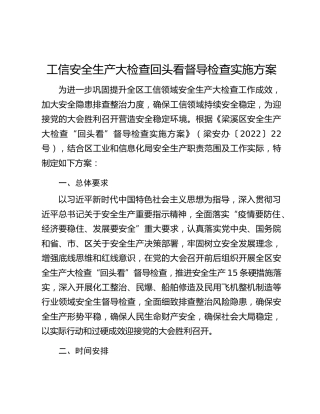 工信安全生产大检查回头看督导检查实施方案