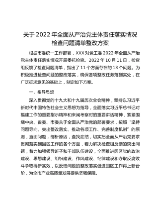 关于2022年全面从严治党主体责任落实情况检查问题清单整改方案