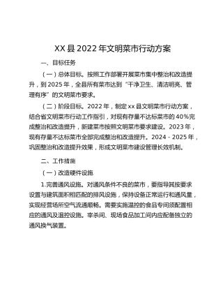 XX县2022年文明菜市行动方案