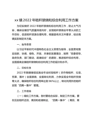 xx镇2022年秸秆禁烧和综合利用工作方案