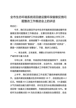 全市生态环境系统项目建设暨环保督察反馈问题整改工作推进会上的讲话