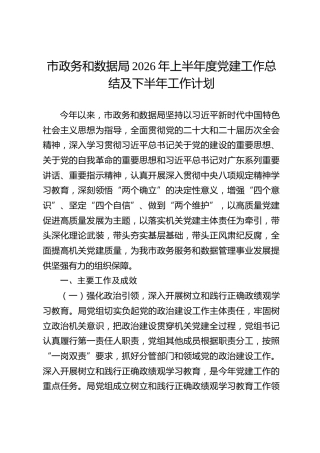 市政务和数据局2026年上半年度党建工作总结及下半年工作计划