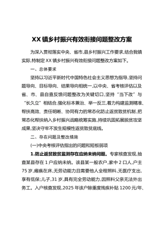 XX镇乡村振兴有效衔接问题整改方案