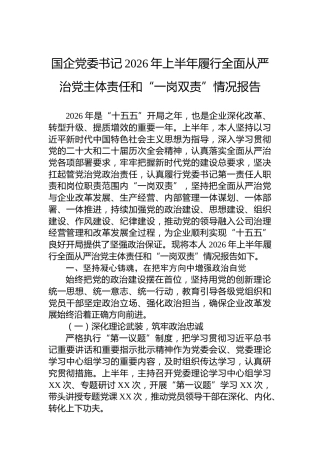 国企党委书记2026年上半年履行全面从严治党主体责任和“一岗双责”情况报告