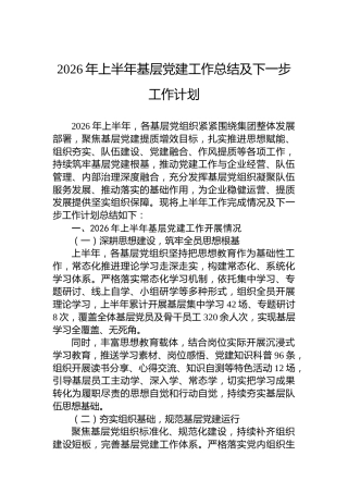 2026年上半年基层党建工作总结及下一步工作计划