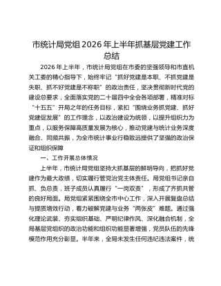 市统计局党组2026年上半年抓基层党建工作总结