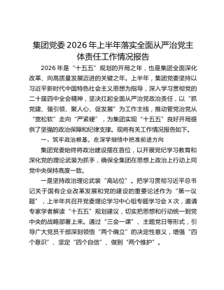 集团党委2026年上半年落实全面从严治党主体责任工作情况报告
