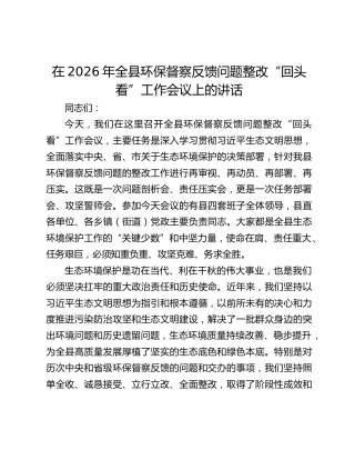 在2026年全县环保督察反馈问题整改“回头看”工作会议上的讲话