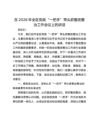在2026年全区党政“一把手”带头抓整改整治工作会议上的讲话